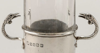 Antique Scottish Silver Traprain Treasure Bottle Stand, with Original Glass Oil Bottle - George Edward & Sons